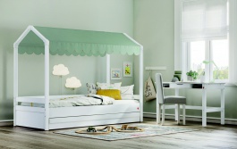 Domečková postel se stříškou a úložným prostorem Fairy II - bílá/zelená