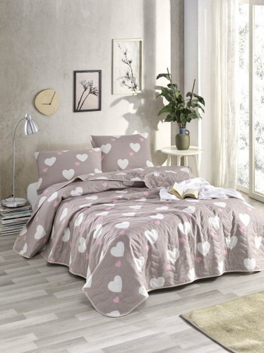 Přehoz 200x220 + 2 polštáře Love - růžová, bílá, béžová